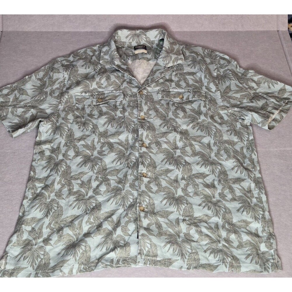 FAHERTY SS Soft Wash Linen Camp Shirt Blue Tropical Leaf Print Men's Medium NWOT
